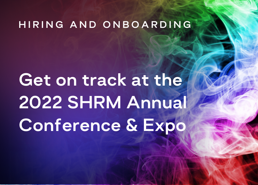 The words "Get on track at the 2022 SHRM Annual Conference & Expo" with a very colorful graphic on the right side.