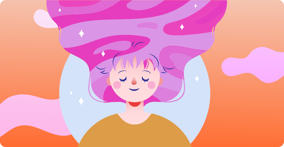 A graphic illustration of a white woman with pink hair, and multi colored abstract background