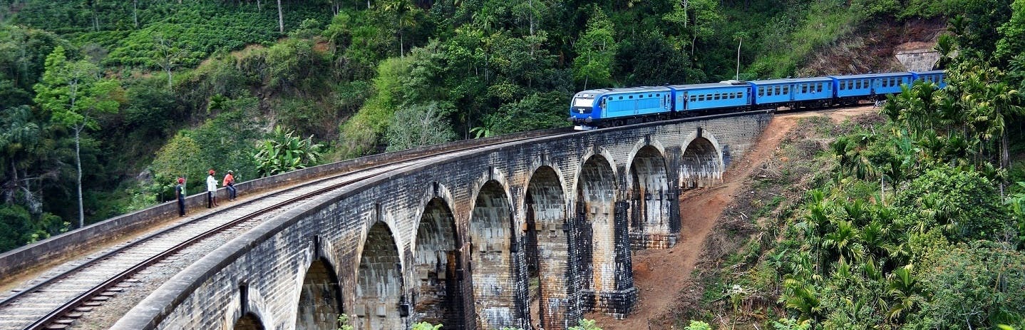 A blue passenger train on an old brick bridge with forest surrounding 
