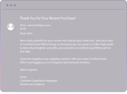 Image of a post purchase email asking the customer how their purchase went, asking for a review, and suggesting they take a photo of them using their new Comfort Cloud Pillow and tagging the company in the photo on Instagram
