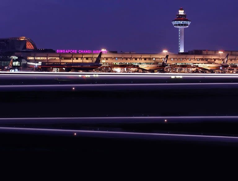 Exterior of an airport at night