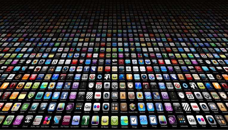 A grid of hundreds of app icons on black background