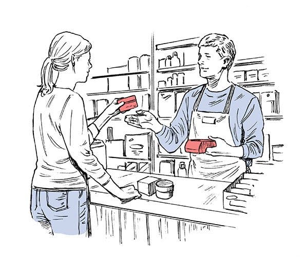 Sketch illustration of a woman making a purchase from a man at a store