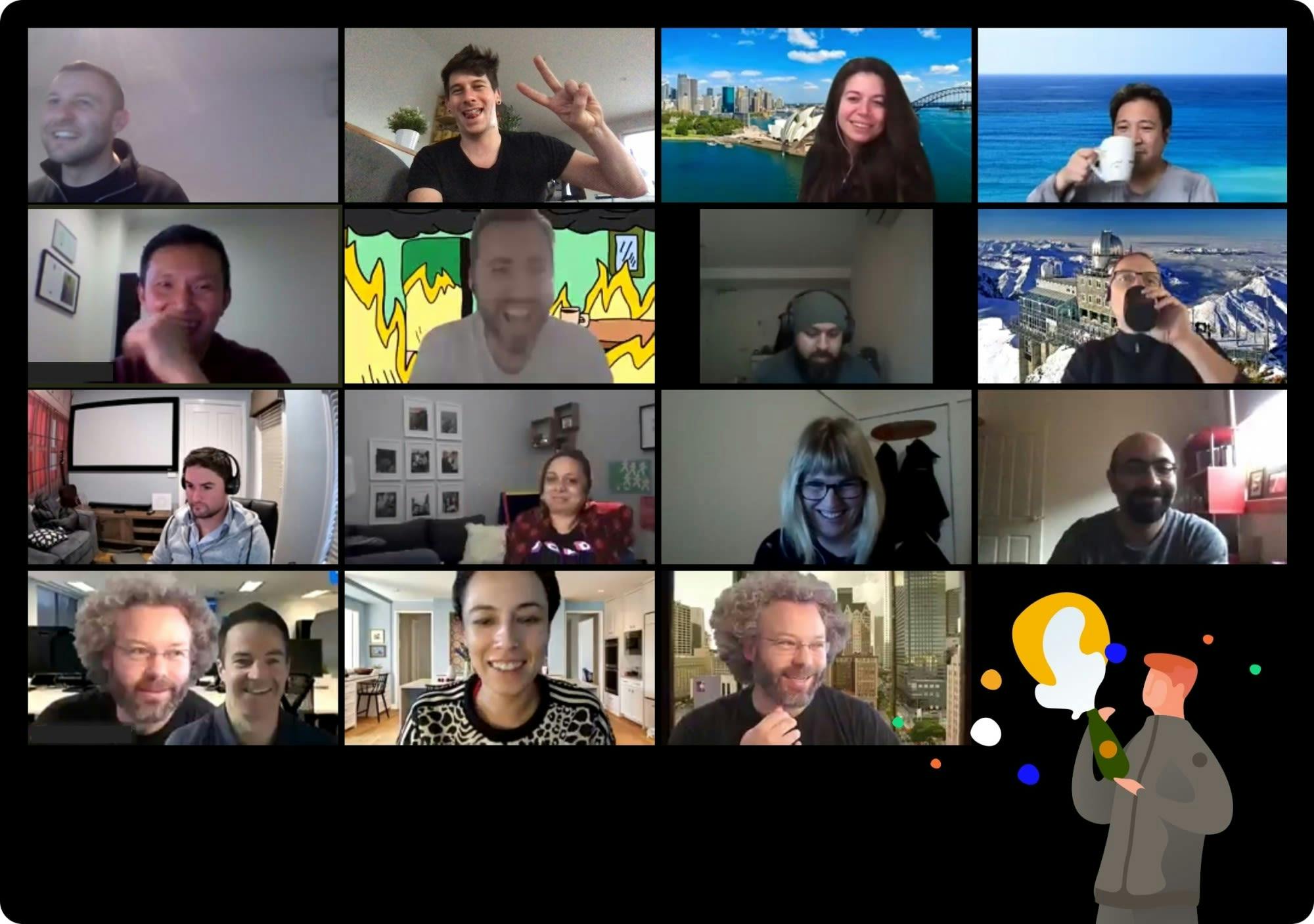 A screenshot of a grid of people in an online meeting