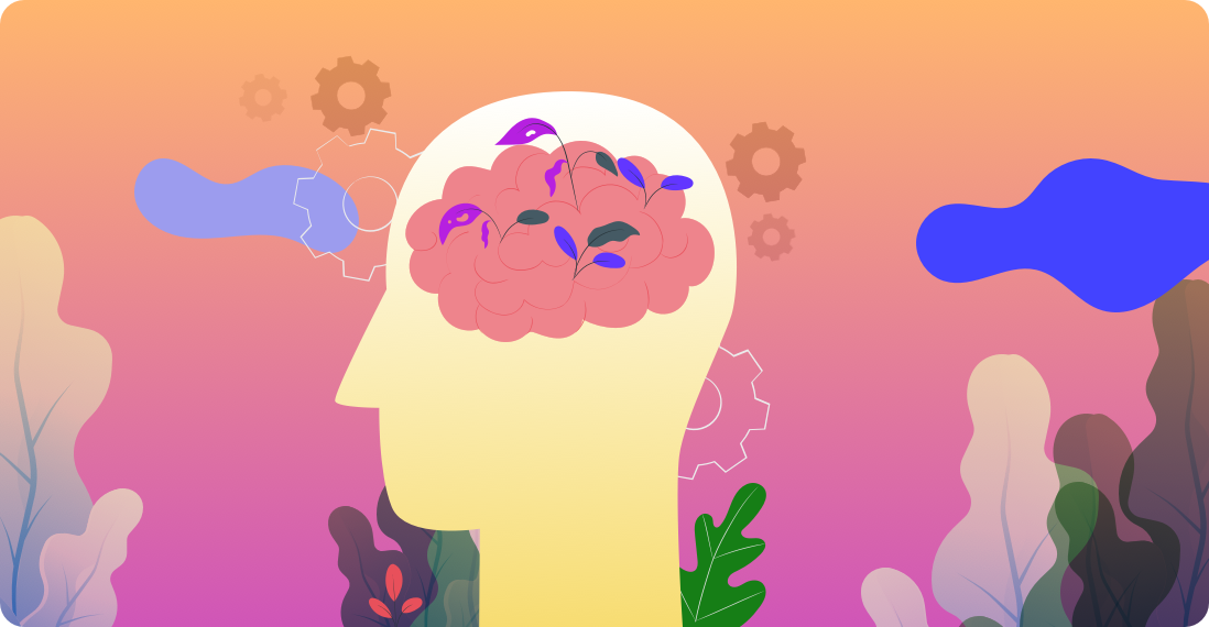 Graphic illustration of a profile of a head with brain inside, multi coloured abstract background