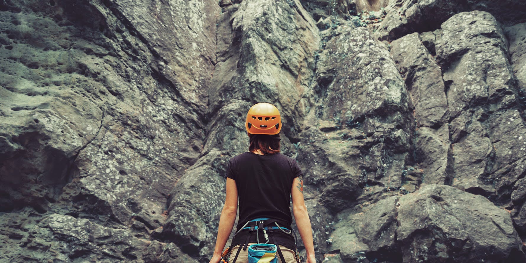 Back view of woman in mountain climbing gear, looking at mountain 