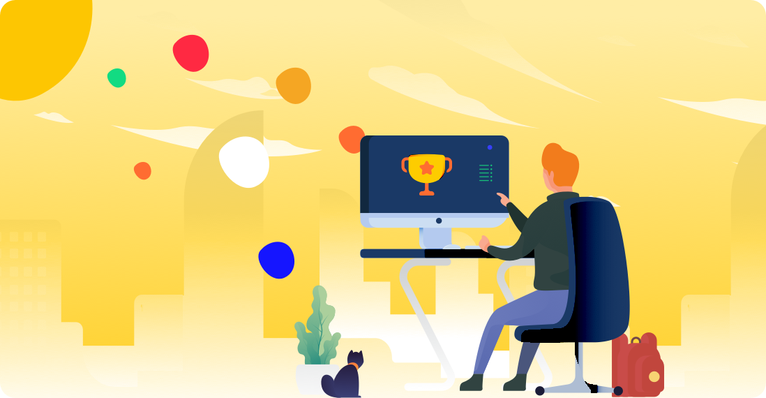 Graphic illustration of a man sitting at a computer with a trophy on the screen. Abstract yellow background