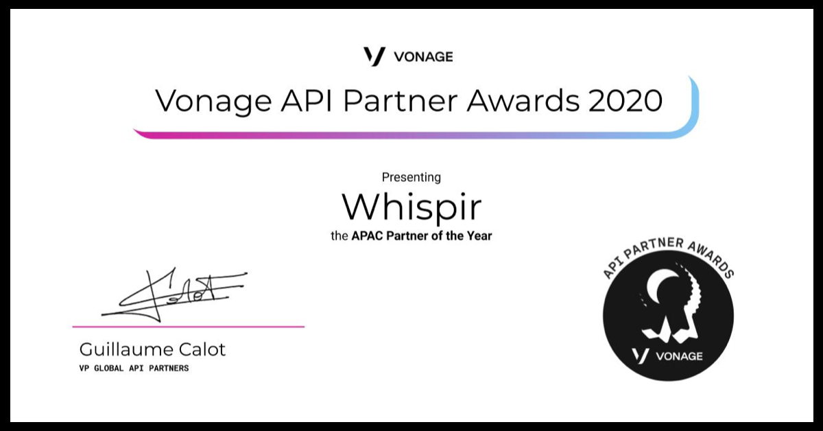 Screenshot of Whispir's Vonage API Partner Award