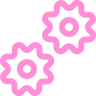 Pink icon of two gears meshing together